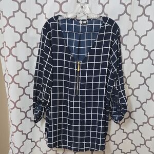 Tacera Navy and White Checkered Blouse